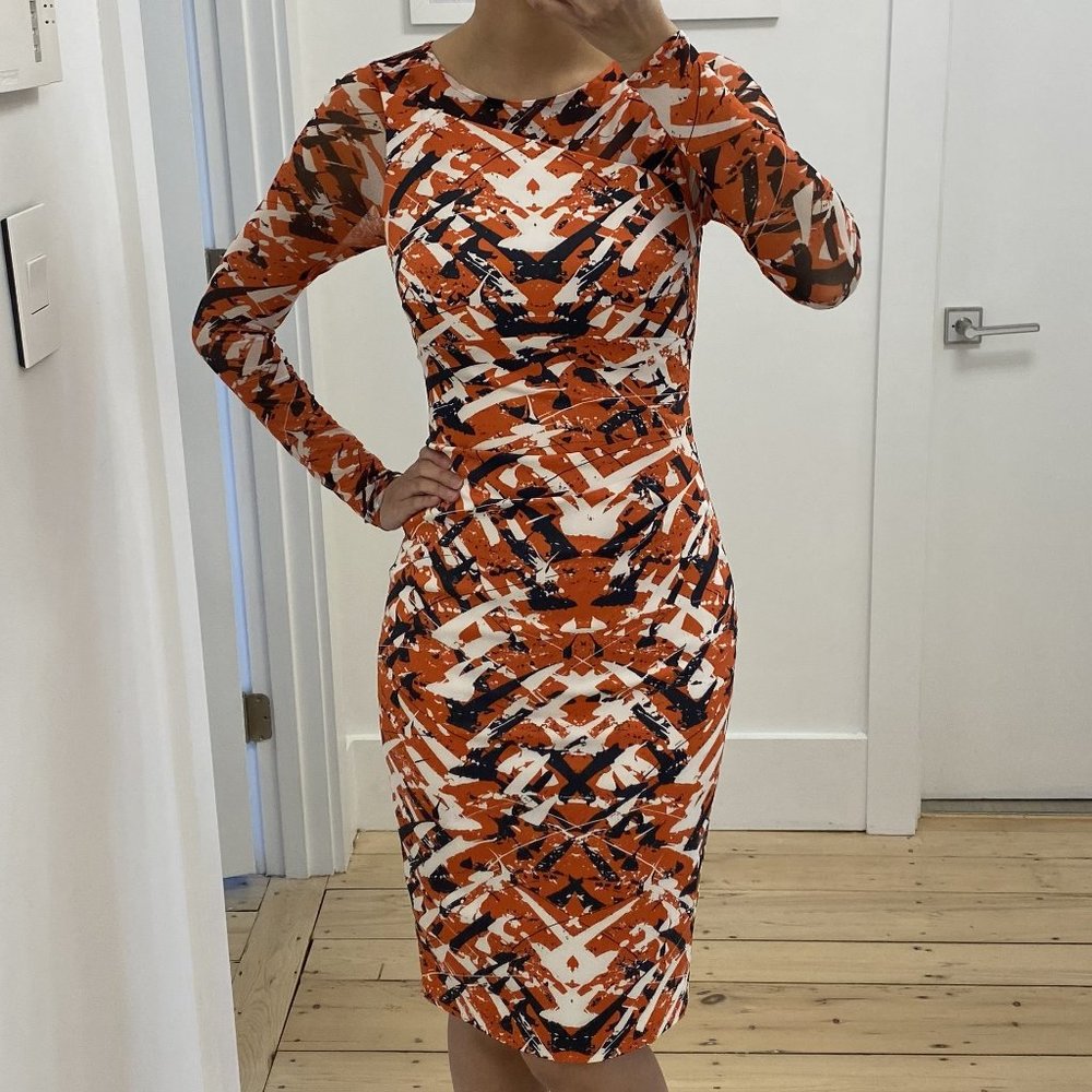 Karen Millen Long Mesh Sleeve Bodycon Abstract Print Orange Dress UK 8 EU 36 US